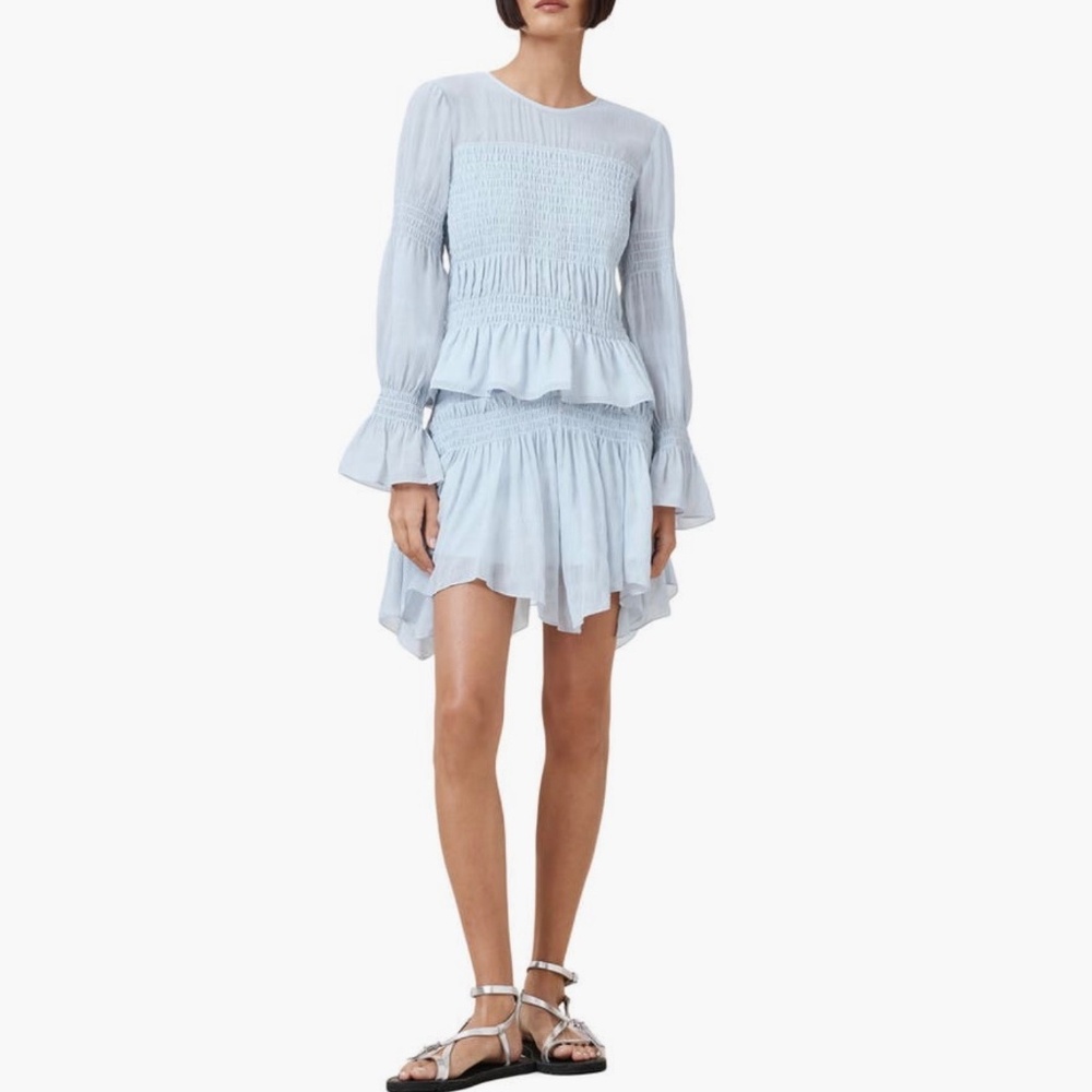 AllSaints Set Pamela 2 Piece Smocked Ruffle Top & Skirt Plein Air Blue SZ US 12